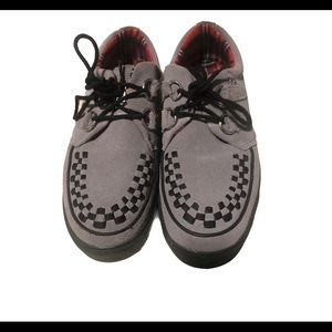 T.U.K. Shoes, gray and black, red plaid insole